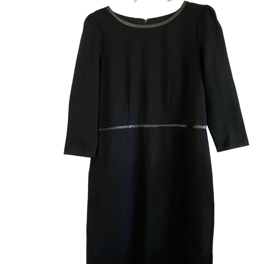Talbots‎ Black Faux Leather Trim Dress 10P Petite 3/4 Sleeve A-Line Ponte Career